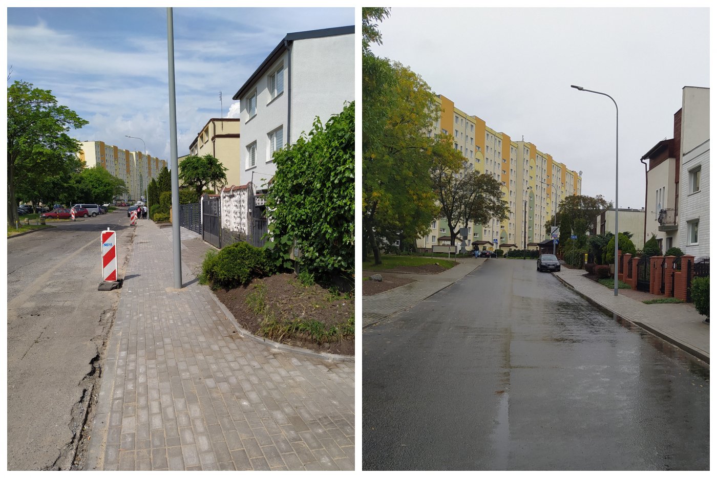 kolaż zdjęć, ulica Błękitna przed remontem i po remoncie, nawierzchnia