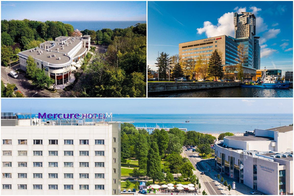 Kolaż zdjęć, od lewego górnego zgodnie z ruchem wskazówek zegara: Hotel Nadmorski, Courtyard by Marriott Gdynia Waterfront, Mercure Gdynia Centrum. Źródło: materiały prasowe