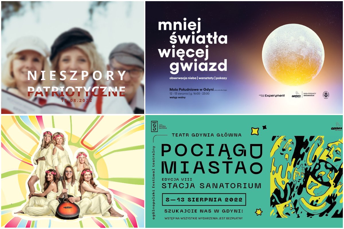 collage z weekendowych aktywności: 1. nieszpory patriotyczne: trzy śpiewające osoby, 2. plakat z księżycem w pełni, 3. Grupa ludzi z kwiatami we włosach i gitarą, 4. plakat 