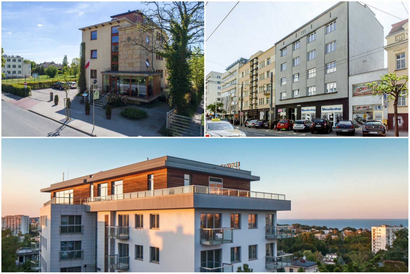 Kolaż zdjęć - od lewego górnego zgodnie z ruchem wskazówek zegara: Willa Lubicz, Gdynia Centrum, Longstay Premium Apartments, źródło: materiały prasowe