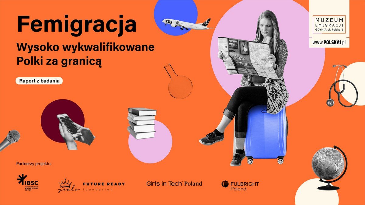 Grafika promująca raport „Femigracja. Wysoko wykwalifikowane Polki za granicą” // materiały prasowe Muzeum Emigracji w Gdyni