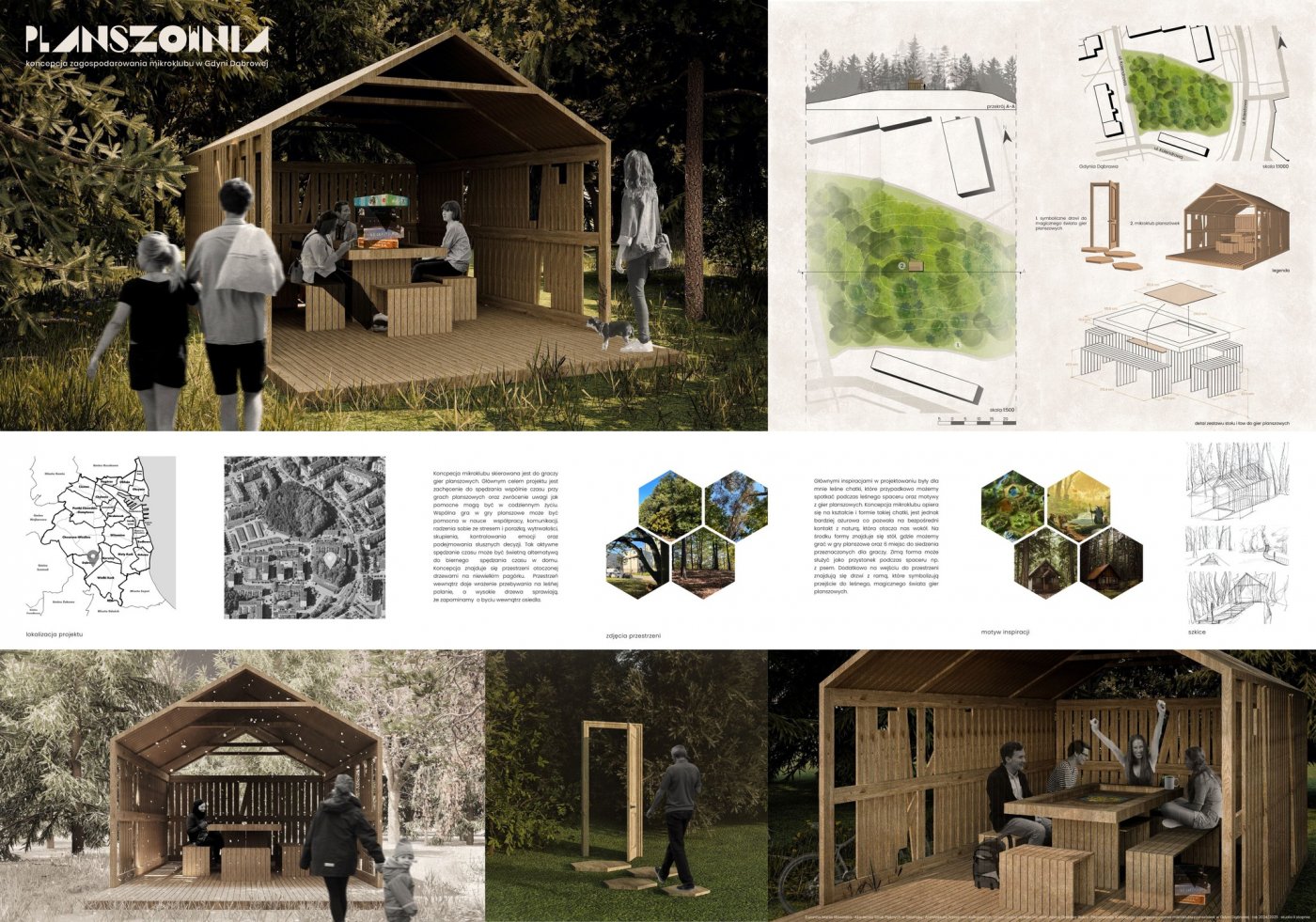 Planszownia. Koncepcja zagospodarowania mikroklubu na Dąbrowie autorstwa Zuzanny Sławińskiej (mat. Interdyscyplinarnej Pracowni Architektury Akademii Sztuk Pięknych)
