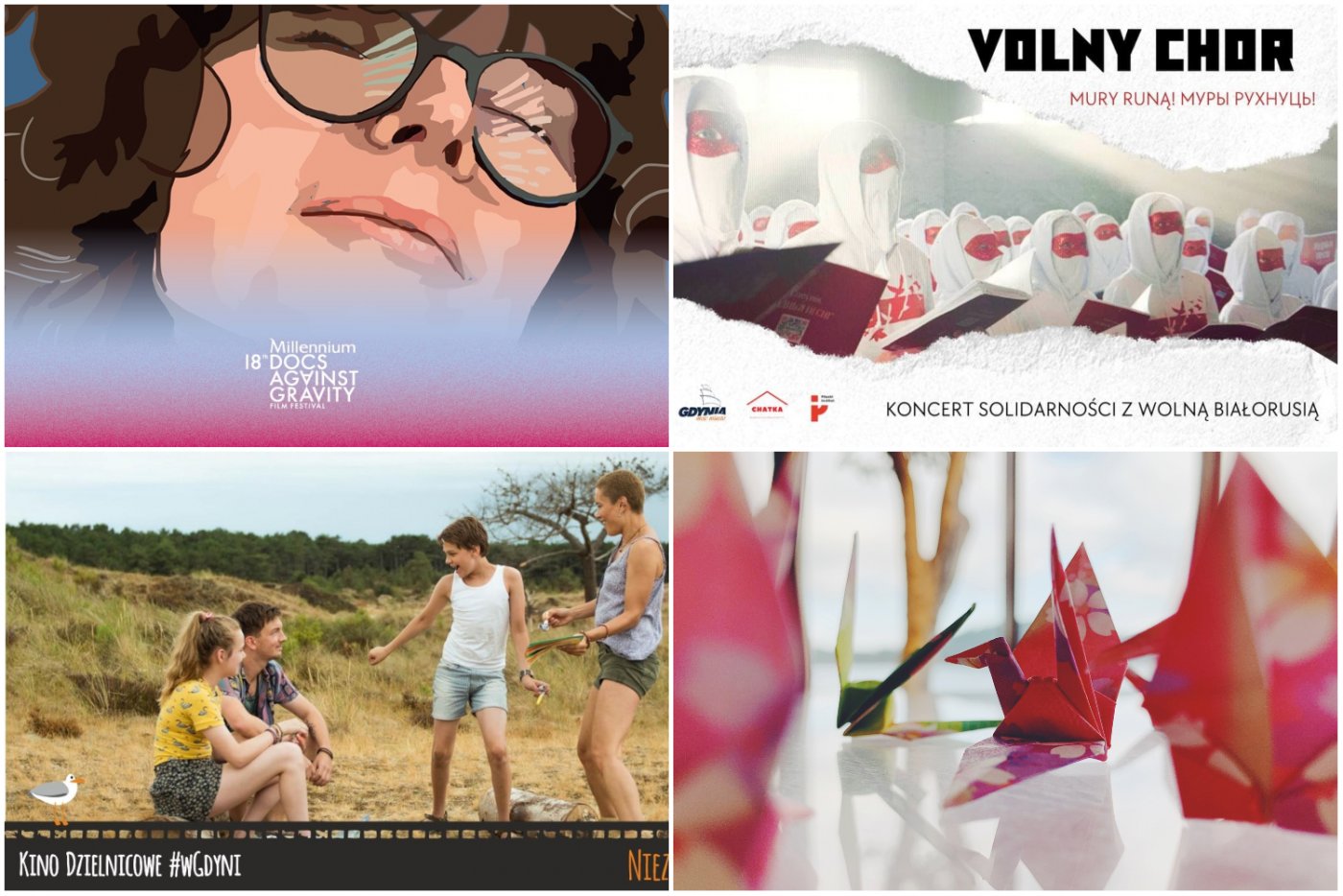 Kolaż zdjęć, od lewego górnego zgodnie z zegarem: wystawa Marty Frej; koncert Volny Chor; warsztaty origami; kino dzielnicowe. Źródło: materiały promocyjne organizatorów