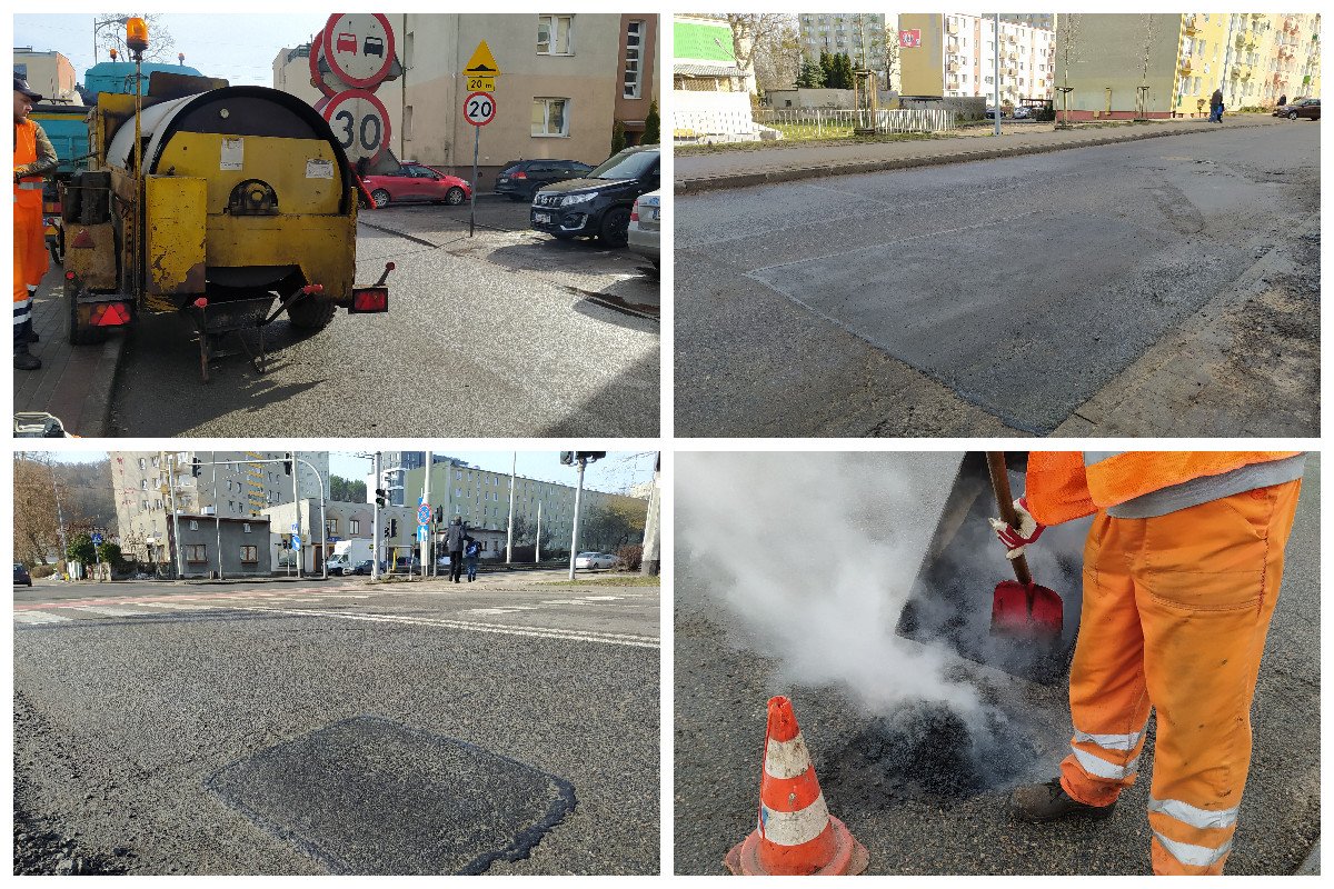 Kolaż zdjęć pokazujący naprawę nawierzchni jezdni // fot. ZDiZ