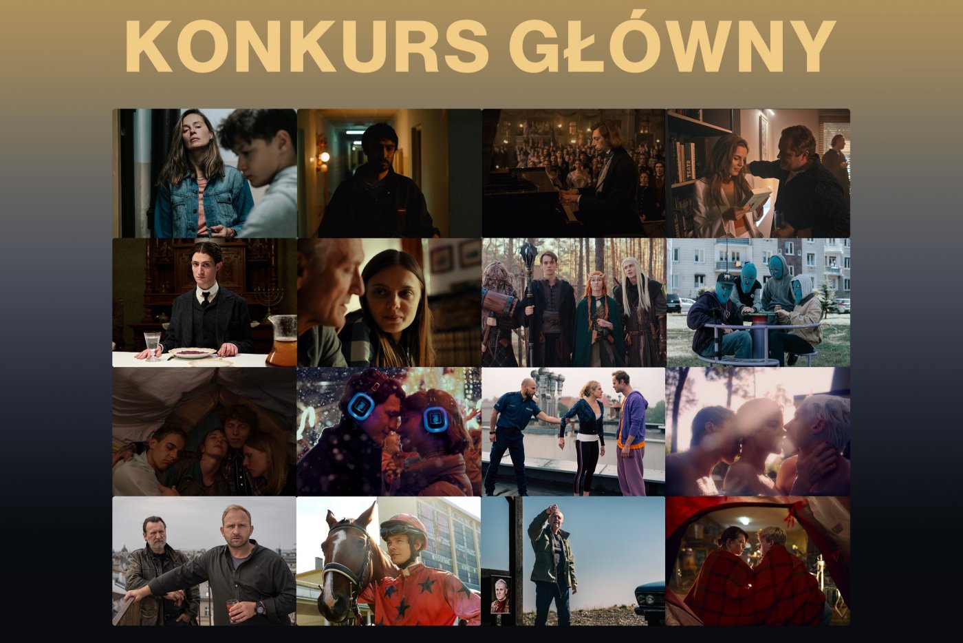 Plansza promocyjna FPFF, złoto-czarne tło, szesnaście stop-klatek z filmów z Konkursu Głównego
