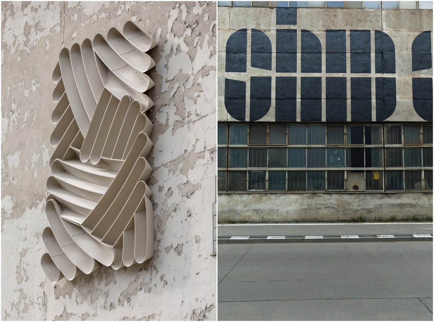 Relief autorstwa The New Raw z przetworzonego plastiku (po lewej) oraz mural studia Thonik nawiązujący do popularnej piosenki (z prawej) - to dwie pierwsze realizacje w ramach Biennale Dizajnu i Sztuki Miejskiej 2022, fot. Rafał Kołsut / Traffic Design
