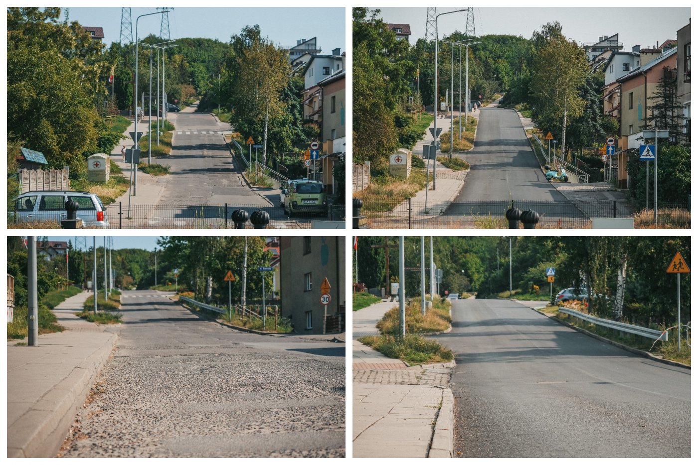 kolaż zdjęć przedstawiające jezdnię przed i po remoncie