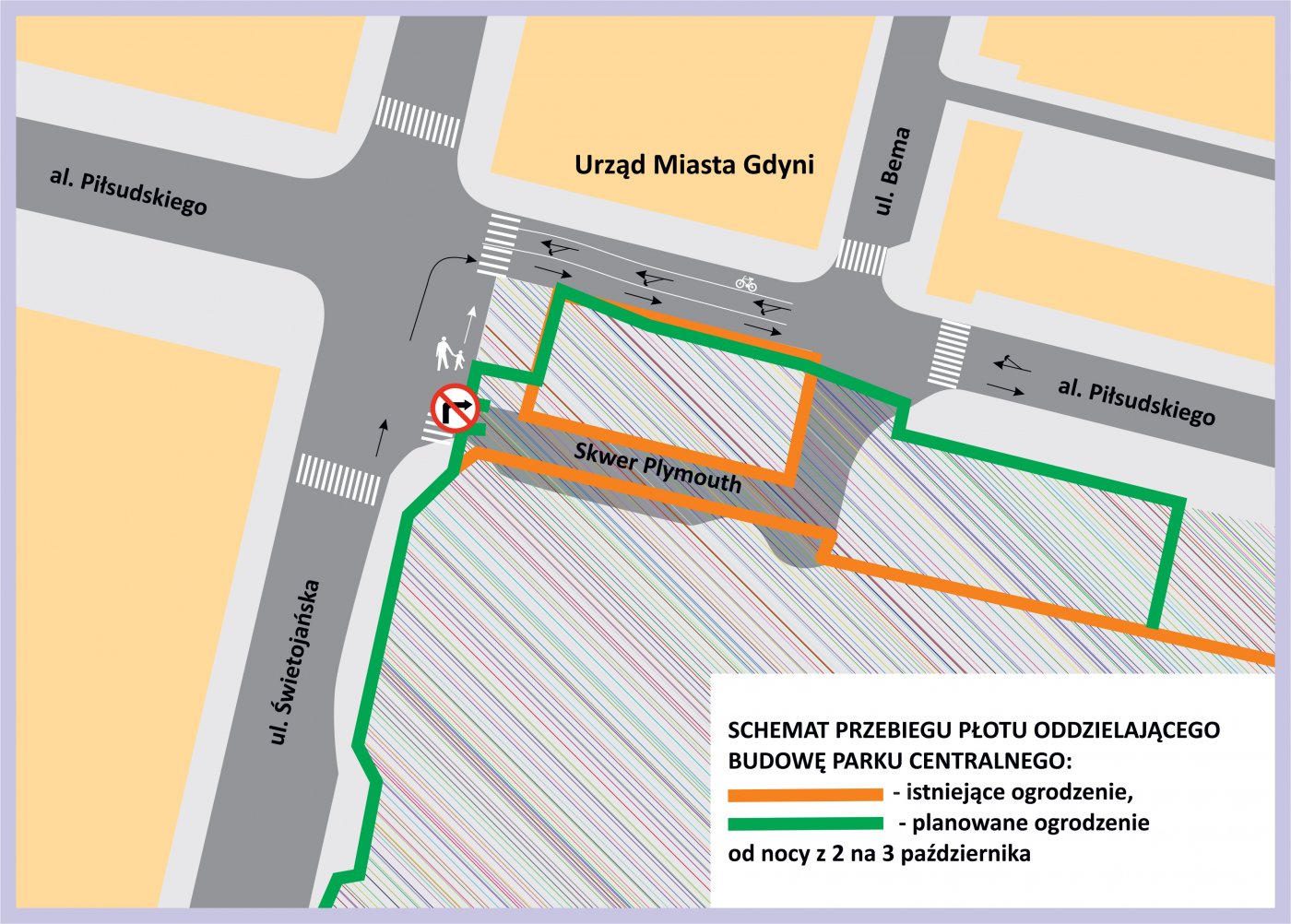 Schemat przebiegu ogrodzenia oddzielającego budowę Parku Centralnego: pomarańczowy - istniejące ogrodzenie, zielony - planowane ogrodzenie od nocy z 2 na 3 października b. r.