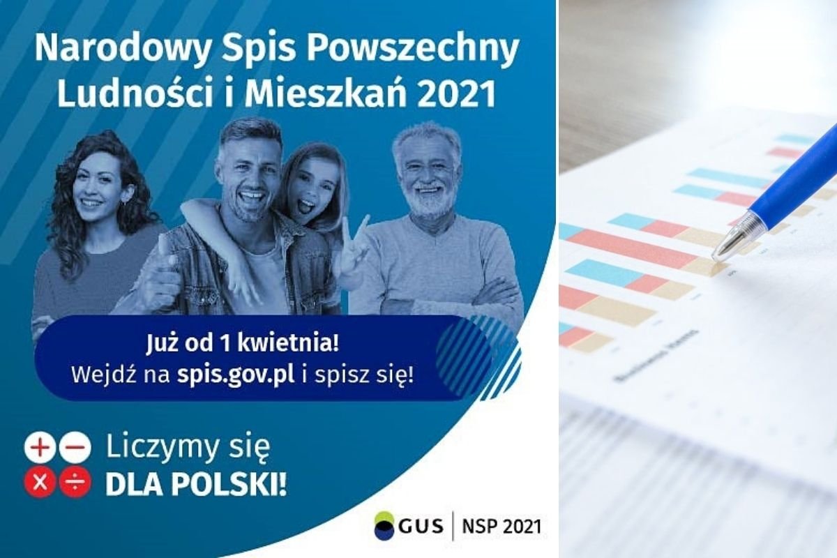Po lewej stronie baner promujący Narodowy Spis Powszechny 2021. Po prawej stronie widać kartkę z wykresami oraz długopis