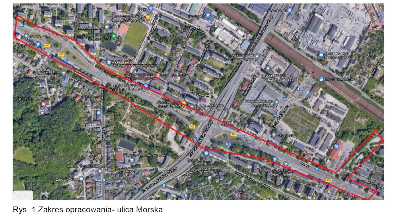 Zakres opracowania: ulica Morska (mat. Poldukt Projekt w ramach opracowania „Koncepcji przebudowy ul. Morskiej od Węzła Żołnierzy Wyklętych do skrzyżowania z ul. Kalksztajnów w Gdyni