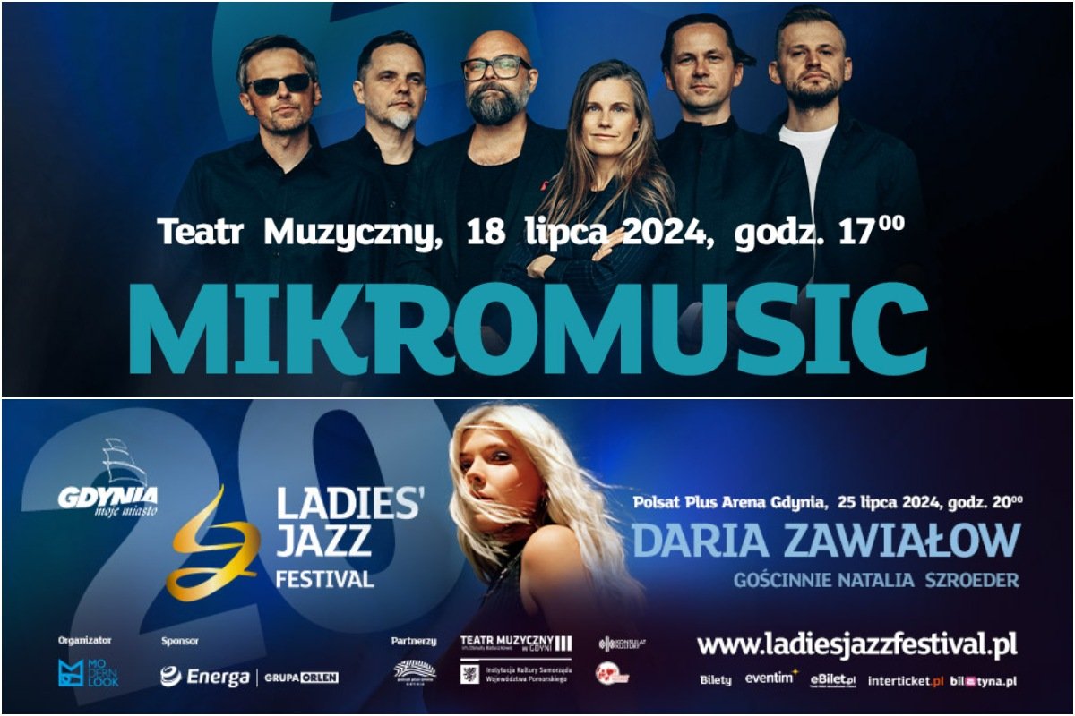 U góry: grafika zapowiadająca koncert Mikromusic podczas Ladies' Jazz Festivalu (mat. prasowe organizatora). Na dole: grafika promująca koncert Darii Zawiałow podczas 20. edycji Ladies' Jazz Festivalu (mat. prasowe organizatora)