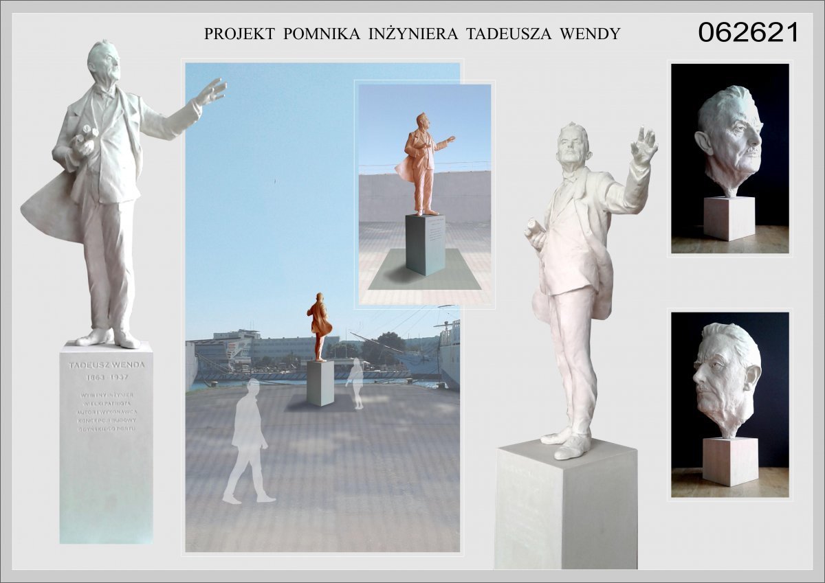 Projekt pomnika Tadeusza Wendy autorstwa rzeźbiarza Macieja Jagodzińskiego- Jagenmeera, monument usytuowany jest na cokole, postać z podniesioną lewą ręką zwrócona jest w stronę nabrzeża, pod prawą ręką trzyma zwoje map, mat.prasowe UM