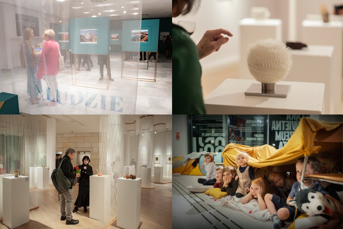 Spotkajmy się w muzeum! Kolaż zdj.: (od lewej u góry): wystawa LUDZIE / MIASTO / PORT, Baltic Mini Textile, warsztaty dla dzieci, Baltic Mini Textile // fot. MMG