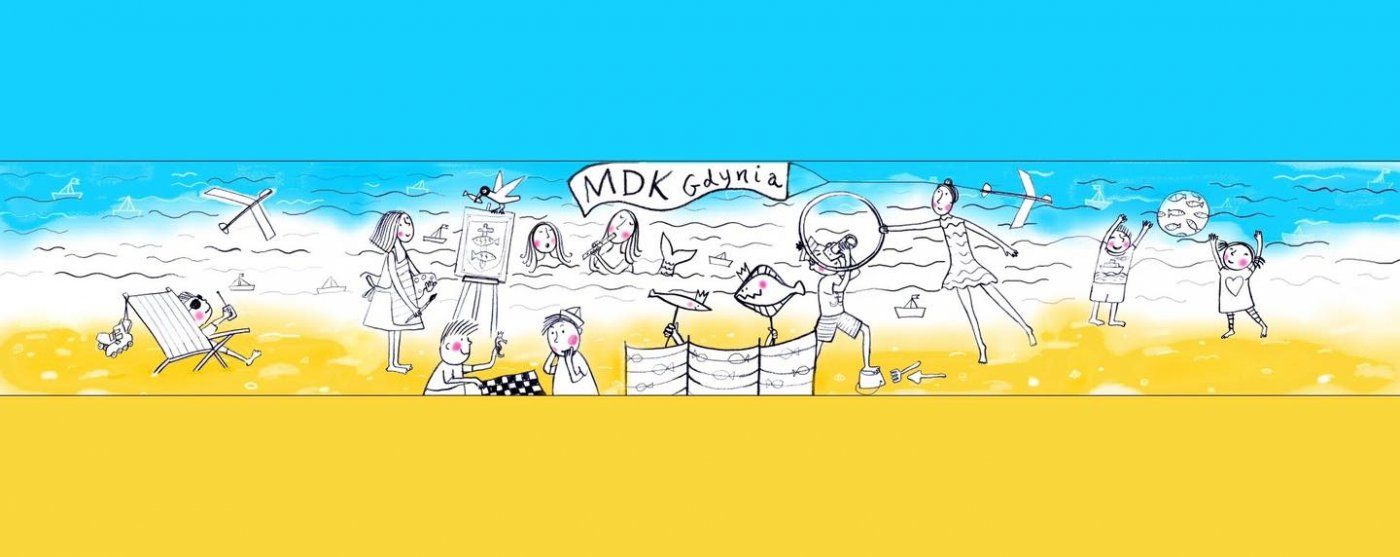 Grafika MDM: ludzie na plaży uprawiający różne aktywności, na morzy fala z napisem: MDK Gdynia. Mat. MDK