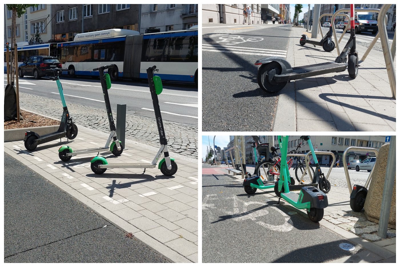 hulajnogi elektryczne na parkingu, hulajnogi na ścieżce rowerowej