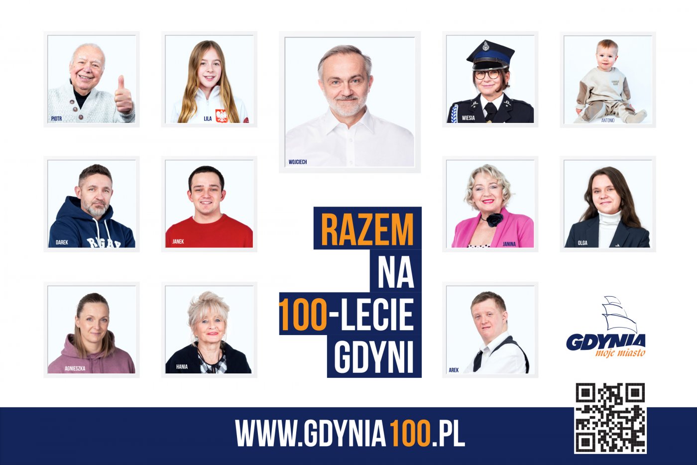 Grafika promująca setne urodziny miasta Gdyni. Kolaż ze zdjęć mieszkańców oraz zdjęcia prezydenta Gdyni, Wojciecha Szczurka. Logo miasta Gdyni oraz napis: Razem na 100-lecie Gdyni. Gdynia100.pl