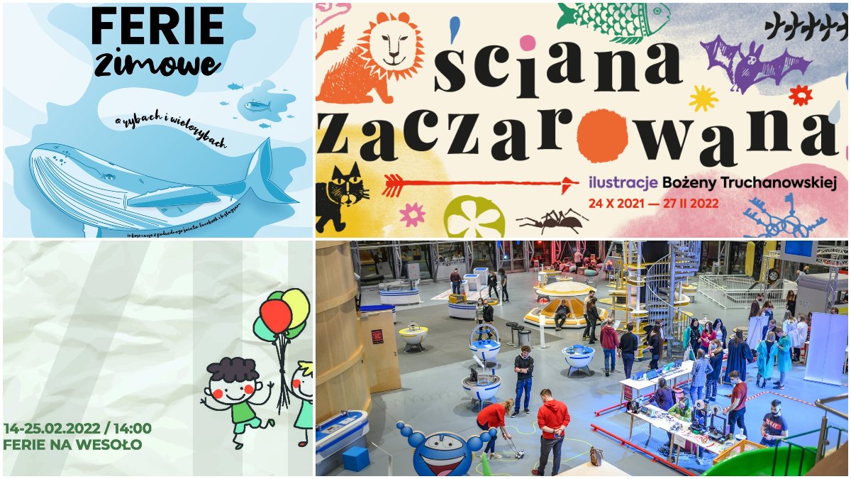 Kolaż zdjęć, od lewego górnego zgodnie z zegarem przedstawia ferie w: Akwarium Gdyńskim, Muzeum Miasta Gdyni, Centrum Nauki Experyment, Bibliotece Gdynia. Materiały promocyjne organizatorów