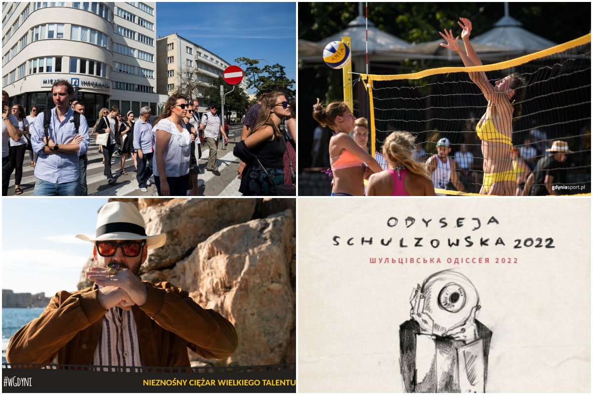 Kolaż zdjęć, od lewego górnego zgodnie z zegarem: Letni Spacer Gdyńskiego Szlaku Modernizmu (fot. Przemysław Kozłowski); Turniej Siatkówki Plażowej (fot. gdynia.sport.pl); Odyseja Schulzowska Teatru Gdynia Główna; Kino Dzielnicowe #wGdyni 