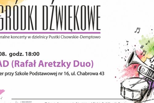 Plakat z akwarelowym przedstawieniem instrumentów muzycznych.