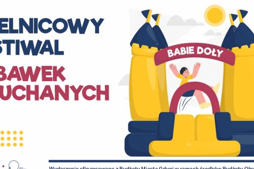 Plakat promujący festiwal na babich DOłach, z graficznym przedstawieniem chłopca skaczącego na dmuchanym zamku.