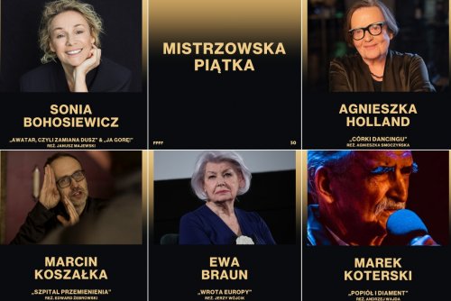 Tegoroczna Mistrzowska Piątka (od lewej u góry): Sonia Bohosiewicz, Agnieszka Holland, Marcin Koszałka, Ewa Braun i Marek Koterski (mat. prasowe FPFF)