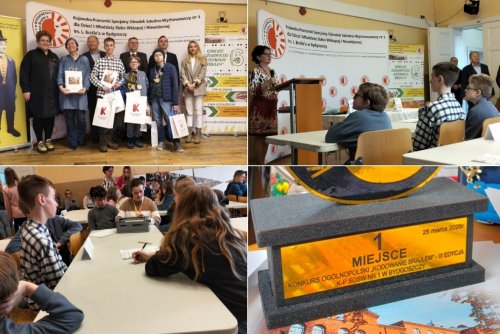 Na zdjęciu m.in. zwycięska drużyna z SP nr 48 w składzie: Iwo Janecki, Szymon Grzegorzek i Adam Frydlewicz oraz puchar za zajęcie 1. miejsca w konkursie (fot. Szkoła Podstawowa nr 48 w Gdyni)