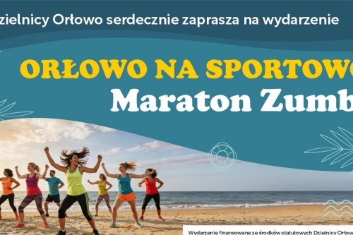 Plakat w klimacie morskim ze zdjęciem osób tańczących zumbę na plaży.