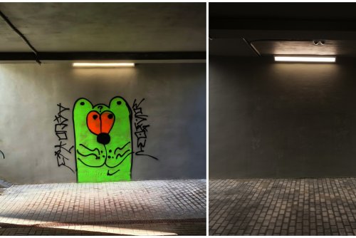 Przejście pod ul. Śląską przed i po usunięciu graffiti (fot. Marcin Mielewski)
