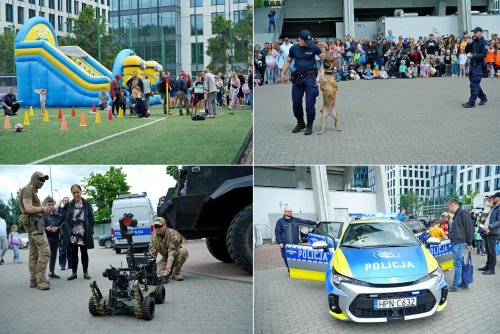 Kolaż zdjęć z festynu „Jestem kibicem”. U góry po lewej: tor przeszkód, a w tle dmuchaniec i grupa ludzi. U góry po prawej: pokaz tresury psa policyjnego. Na dole po lewej: pokaz robota saperskiego. Na dole po prawej: grupa osób przy radiowozie policyjnym (fot. Magdalena Czernek)