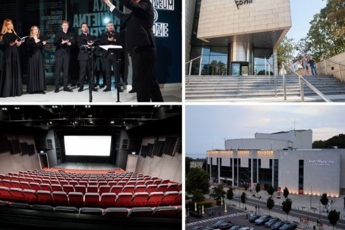 Kolaż czterech zdjęć: grupa chórzystów śpiewa, przed nimi dyrygent, napis Muzeum to ludzie; wejście i schody przed Muzeum Miasta Gdyni, front gmachu, sala kinowa Warszawa w Gdyńskim Centrum Filmowym, czerwone fotele; budynek Teatru Muzycznego w Gdyni, front, ulica, elewacja budynku, wieczór
