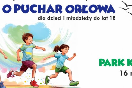 Kolorowy plakat z biegnacymi dziećmi.