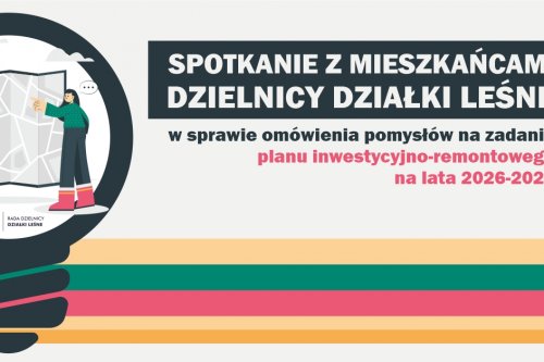 Plakat promyjący spotkanie mieszkańców działek Lesnych w sprawie planu inwestycyjno-remontowego na lata 2026-2029.