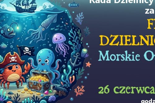 Plakat w morskim klimacie promujący piknik na Dąbrowie.