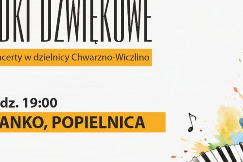Plakat z akwarelowym rysunkiem instrumentów muzycznych i harmonogramem koncertów.