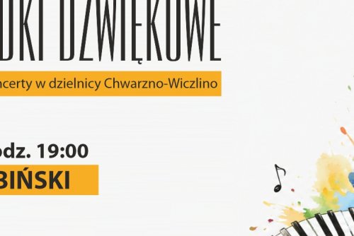 Plakat z akwarelowym rysunkiem instrumentów muzycznych i harmonogramem koncertów.