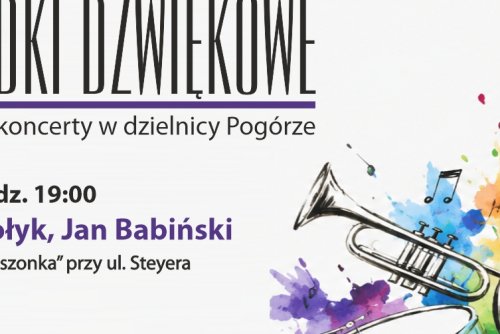 Plakat z akwarelowym rysunkiem instrumentów muzycznych i harmonogramem koncertów.