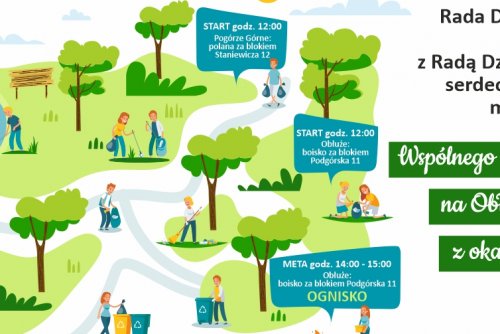 Kolorowa mapa parku z graficznymi postaciami, które go sprzątają.