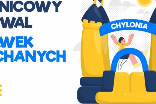 Plakat promujący festiwal na Chyloni, graficzna postać chłopca, skaczącego w dmuchanym zamku.