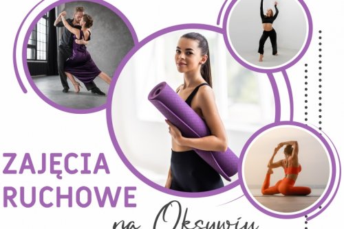 Plakat ze zdjęciami tańczących i ćwiczących osób.