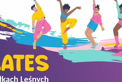 Plakat promujacy zajęcia Pilatesu na Działkach Leśnych.