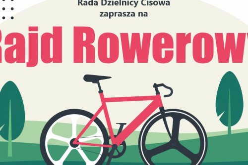 Plakat z czerwonym rowerem, promujący rajd na Cisowej.