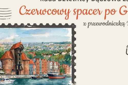 Plakat stylizowany na pocztówkę z akwarelowym zdjeciem Gdańska