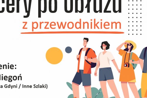 Plakat z narysowanymi postaciami zwiedzającymi miasto.