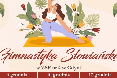 Plakat z ćwiczącą kobietą promujący gimnastykę słowiańską na Karwinach.