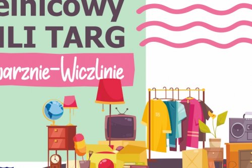 Plakat z graficznym przedstawieniem przedmiotów, któe można kupić na pchlim targu.