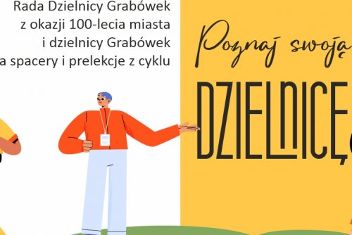 Plakat z narysowanymi postaciami zwiedzającymi miasto.