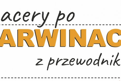Baner w zółtych kolorach z napisem Spacery po Karwinach z przewodnikiem.