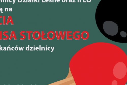 Plakat z rakietami do tenisa stołowego promujący zajęcia na Działkach Leśnych.