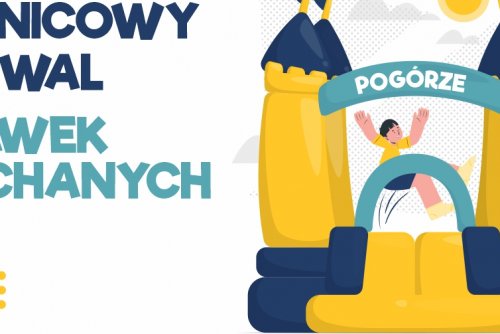 Plakat promujący festiwal na Pogórzu, graficzna postać chłopca, skaczącego w dmuchanym zamku.