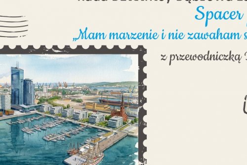 Plakat promujący spacer po Gdyni z akwarelowym przedstawieniem Gdyni.